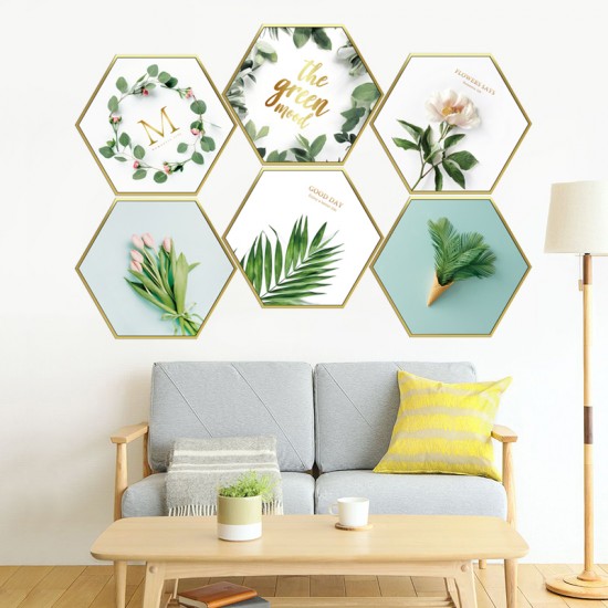 Botanik Yapraklı 6 Köşeli Çerçeve Görünümlü Bohem Duvar Dekorasyon Tablo Sticker Set