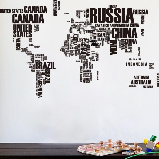 Dünya Haritası Ülkeler Yazılı Ev Dekor Duvar Sticker Çıkartma Seti