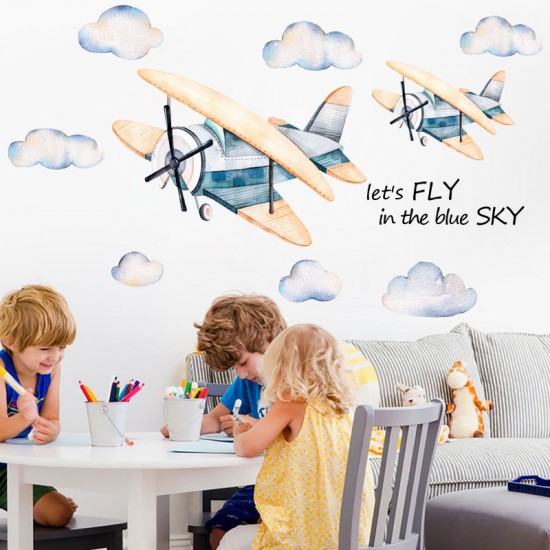 Vintage Mavi Uçak Bebek & Çocuk Odası Duvar Sticker Çıkartma Seti