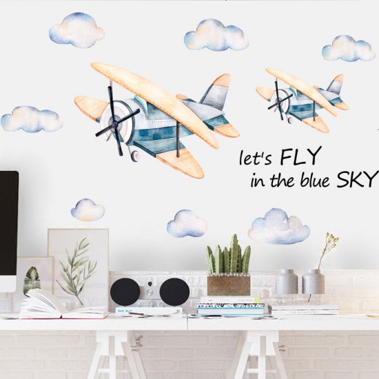 Vintage Mavi Uçak Bebek & Çocuk Odası Duvar Sticker Çıkartma Seti